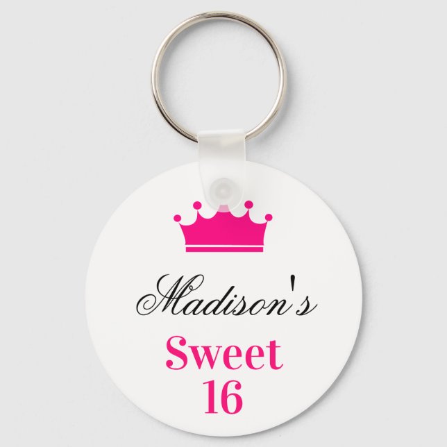 Girly White Hot Pink Sweet 16 Princess Crown Name Key Ring (Front)