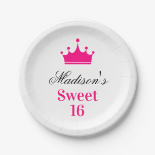 Girly White Hot Pink Sweet 16 Princess Crown Name Paper Plate