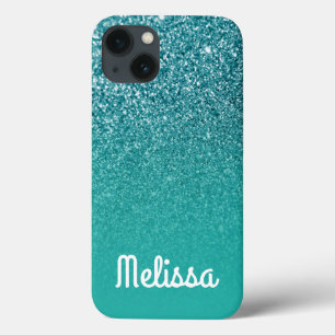 Girly White Personalised Turquoise Ombre Glitter iPhone 13 Case