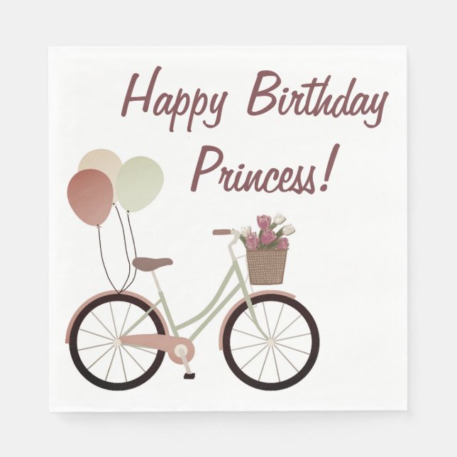 Girly White Pink Bike Balloons Happy Birthday  Napkin (Front)