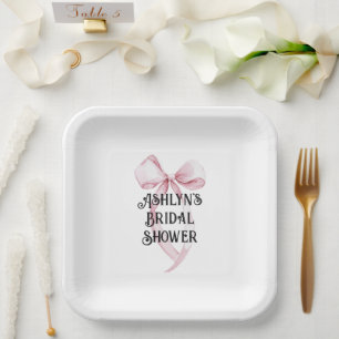 Girly White Pink Bow Bridal Shower Paper Plate