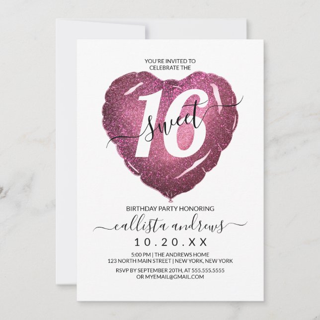 Girly White Pink Glitter Heart Balloon Sweet 16 Invitation (Front)
