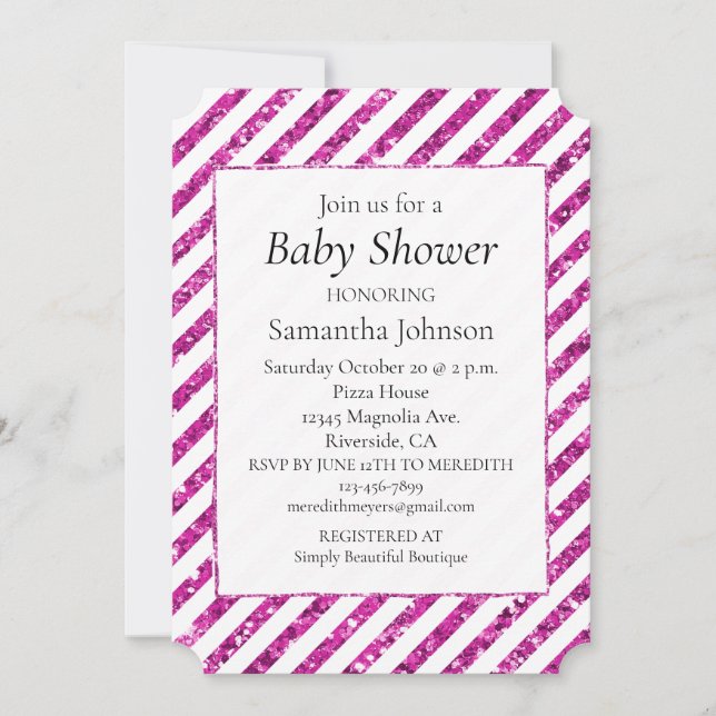 Girly White Pink Glitzy Glitter Stripes Invitation (Front)