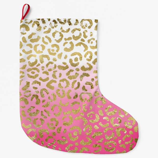Girly White Pink Gold Glam Leopard Large Christmas Stocking (Front)