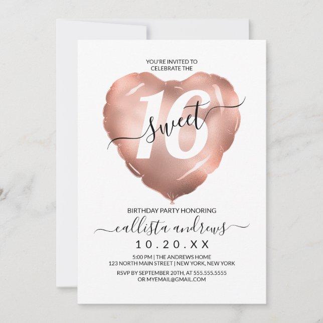 Girly White Rose Gold Foil Heart Balloon Sweet 16 Invitation (Front)