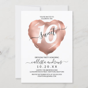 Girly White Rose Gold Foil Heart Balloon Sweet 16 Invitation