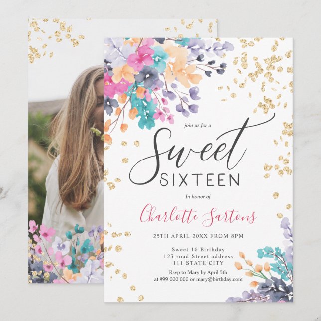 Girly wild flowers floral gold script sweet 16 invitation (Front/Back)