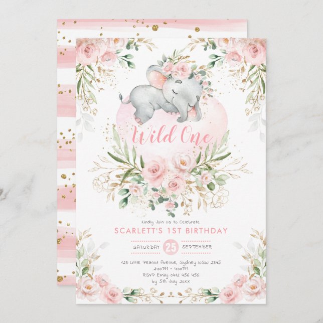 Girly Wild One Elephant Blush Floral 1st Birthday Invitation (Front/Back)