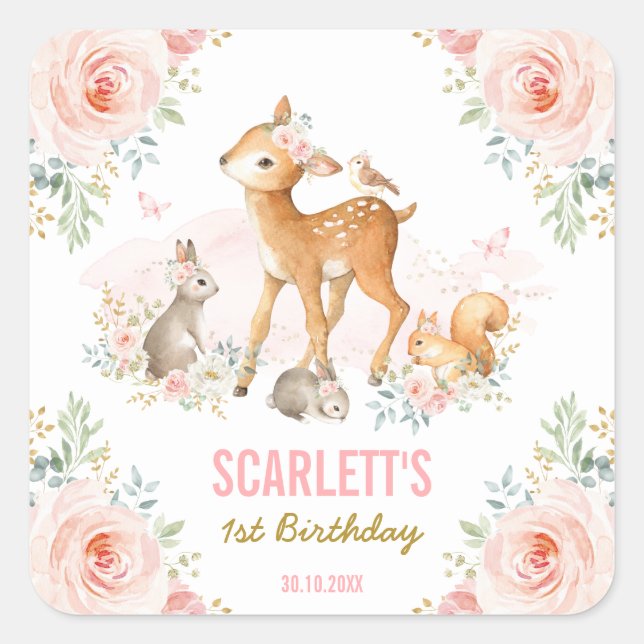 Girly Woodland Animals Blush Pink Floral Birthday Square Sticker (Front)