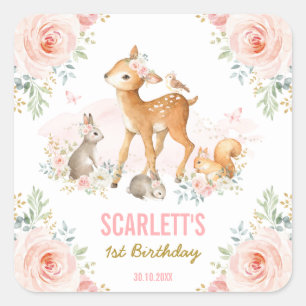 Girly Woodland Animals Blush Pink Floral Birthday Square Sticker