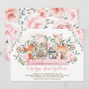 Girly Woodland Animals Chic Pink Roses Baby Shower Invitation