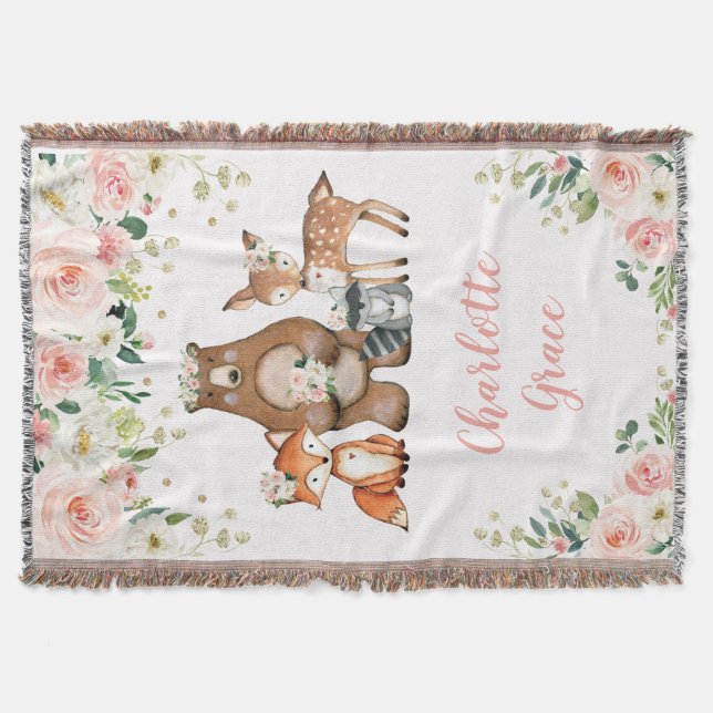 Girly Woodland Animals Nursery Decor Blush Floral Throw Blanket (Front)