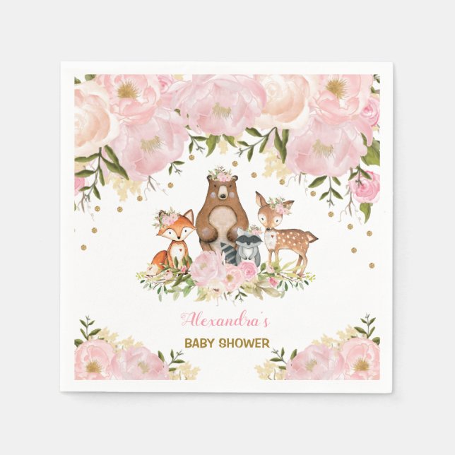 Girly Woodland Animals Pink Gold Peonies Forest Napkin (Front)