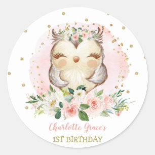 Girly Woodland Baby Owl 1st Birthday Party Favors Classic Round Sticker
