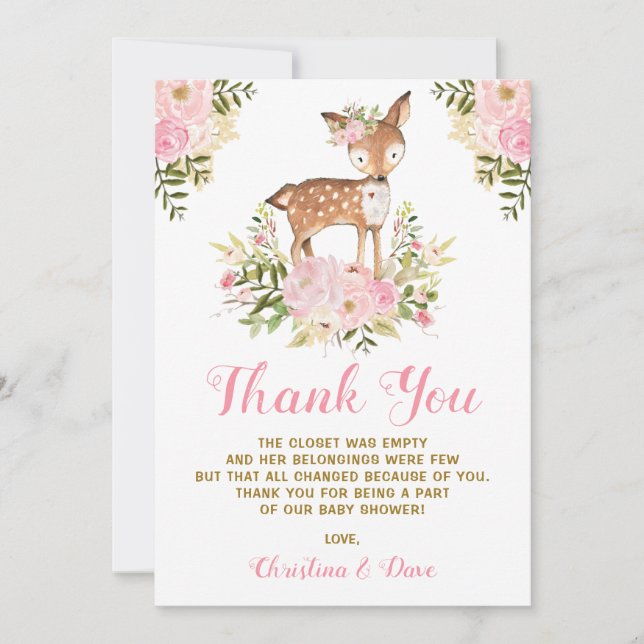 Girly Woodland Deer Baby Shower Birthday Thank You Card (Front)
