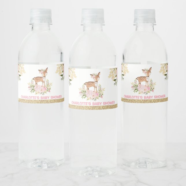 Girly Woodland Deer Baby Shower Pink Floral Favour Water Bottle Label (Bottles)