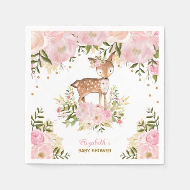 Girly Woodland Deer Pink Gold Peonies Forest Napkin (Front)