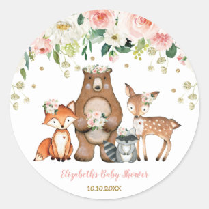 Girly Woodland Forest Animals Baby Shower Birthday Classic Round Sticker