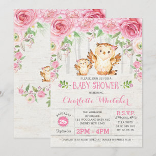 Girly Woodland Owl Pink Floral Baby Shower Invite