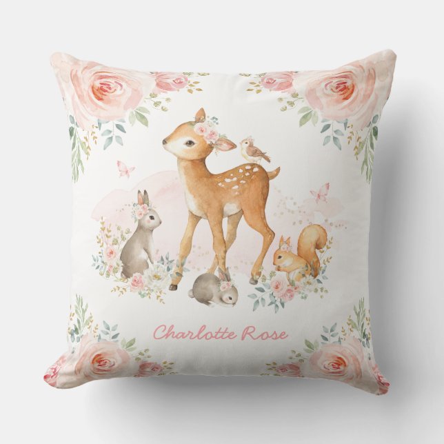 Girly Woodland Pink Floral Deer Bunny Nursery Cushion (Front)