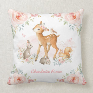 Girly Woodland Pink Floral Deer Bunny Nursery Cushion