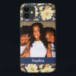 Girly Yellow Blue Watercolor Floral Photo Name iPhone 11 Case<br><div class="desc">Girly and chic phone case featuring your name in an elegant curvy display typeface on a deep blue background and a placeholder for your photo. This lovely design is set on a beautiful acrylic watercolor pattern of bright yellow flowers on a deep blue background.</div>