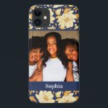 Girly Yellow Blue Watercolor Floral Photo Name iPhone 11 Case<br><div class="desc">Girly and chic phone case featuring your name in an elegant curvy display typeface on a deep blue background and a placeholder for your photo. This lovely design is set on a beautiful acrylic watercolor pattern of bright yellow flowers on a deep blue background.</div>