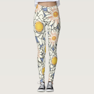Girly Yellow Blue White Big Flowers Woman Leggings