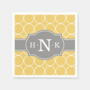 Girly Yellow Circle Pattern Grey Monogram Napkin
