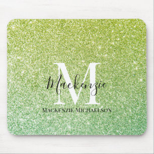 Girly Yellow Green Ombre Glitter Monogram Name Mouse Mat