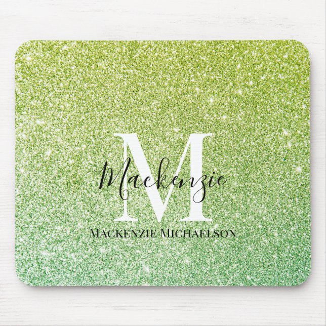 Girly Yellow Green Ombre Glitter Monogram Name   Mouse Mat (Front)