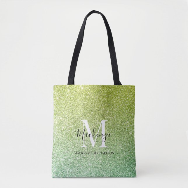 Girly Yellow Green Ombre Glitter Monogram Name Tote Bag (Front)