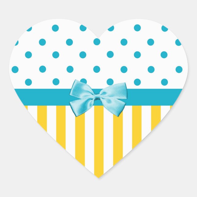 Girly Yellow Stripes With Blue Ribbon Heart Sticker (Front)