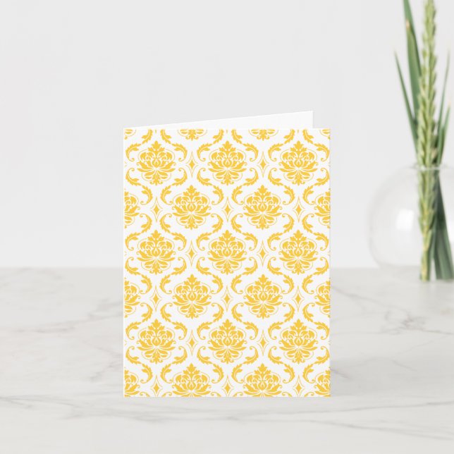Girly Yellow White Vintage Damask Pattern Card (Front)