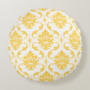 Girly Yellow White Vintage Damask Pattern Round Cushion