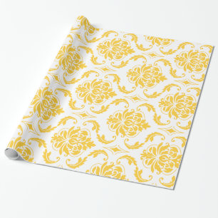 Girly Yellow White Vintage Damask Pattern Wrapping Paper