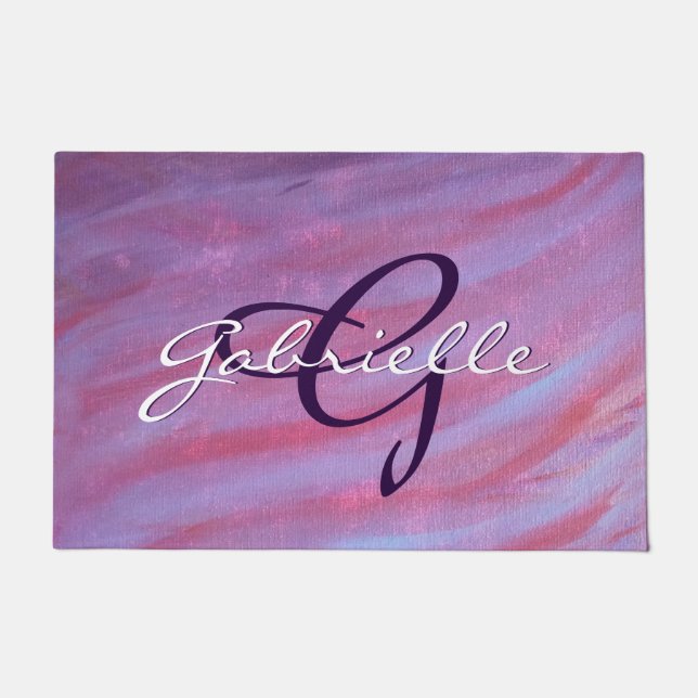 Girly Zebra Abstract | Cute Pink Purple Monogram Doormat (Front)