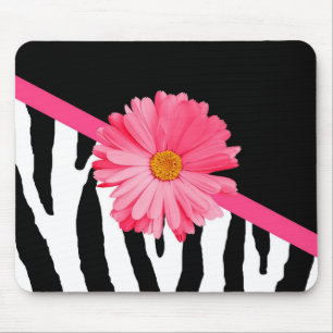 Girly Zebra Pattern Cute Pink Daisy With Name Mouse Mat