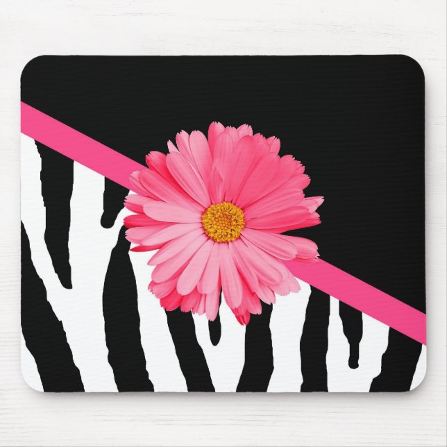Girly Zebra Pattern Cute Pink Daisy With Name Mouse Mat (Front)
