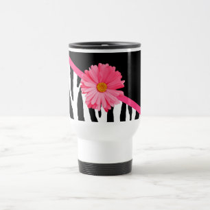 Girly Zebra Pattern Cute Pink Daisy With Name Travel Mug