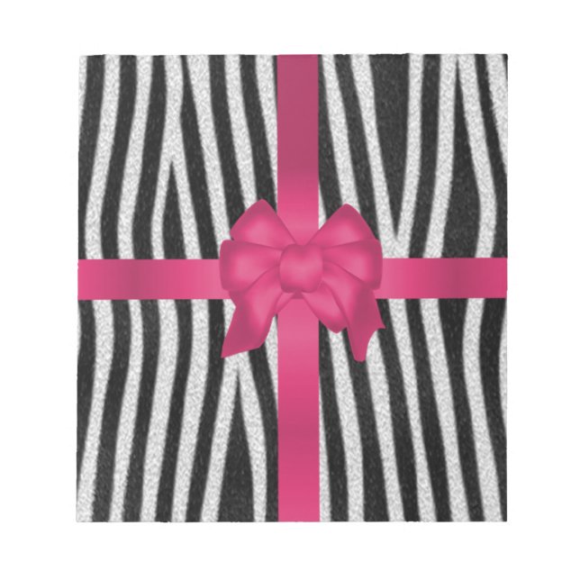 girly zebra skin black and white pink bow notepad (Front)