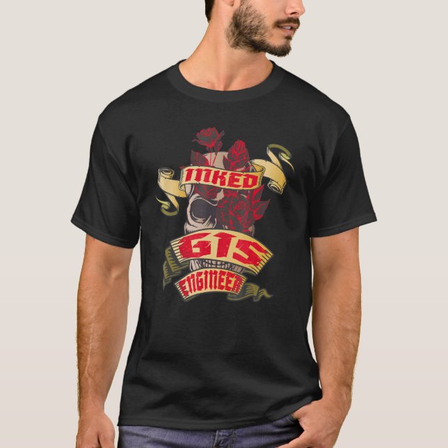 Gis Engineer Inked Skull & Red Roses Tattoo T-Shirt (Front)