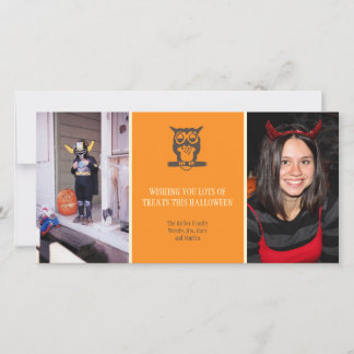 Give a hoot cute owl orange Halloween two photos Holiday Card
