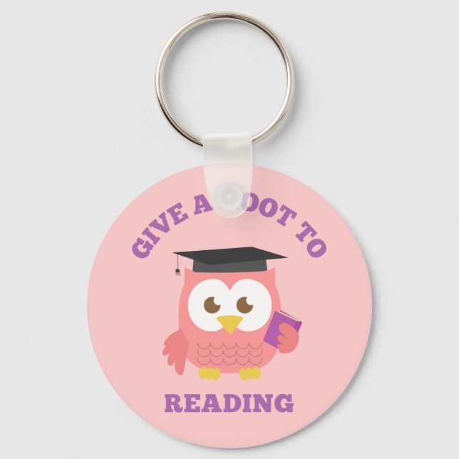 Give a Hoot to Reading Cute Pink Owl Pun Key Ring (Front)
