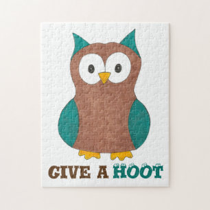 Give A Hoot Wise Brown Bard Owl Cartoon Bird Jigsaw Puzzle