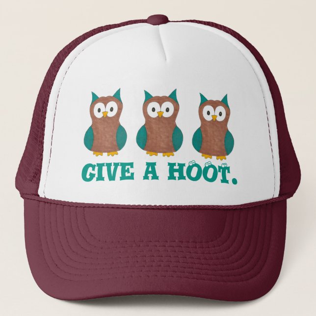 Give a HOOT Wise Cartoon Brown Owl Bird Eyes Trucker Hat (Front)