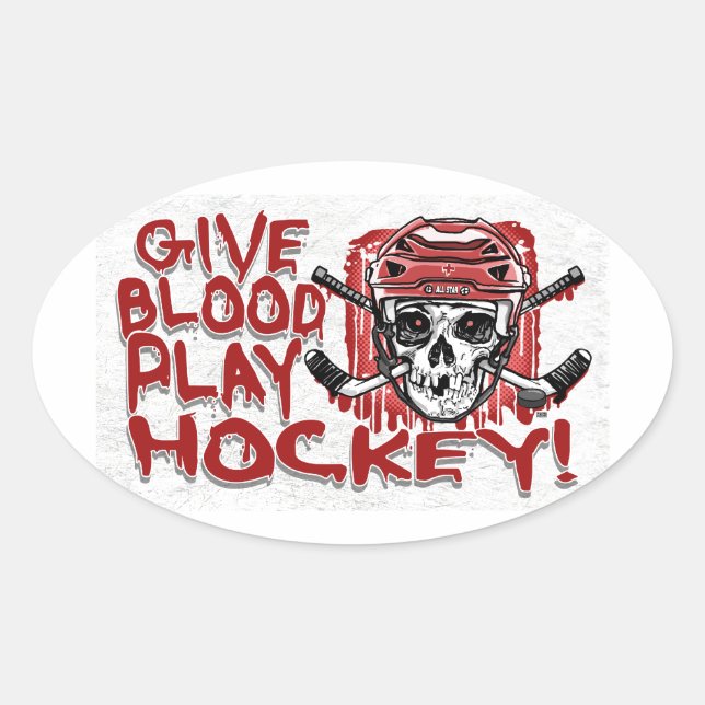 Give Blood Play Hockey Red Oval Sticker (Front)