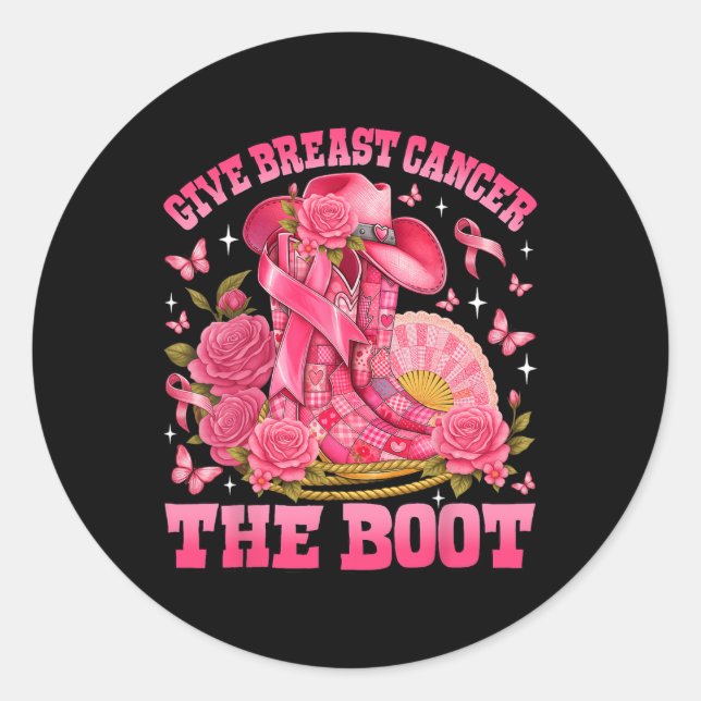 Give Breast Cancer The Boot Cowgirl Patchwork Pink Classic Round Sticker (Front)