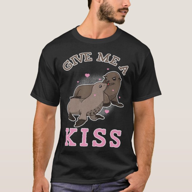 Give Me A Kiss Sealion Couple Ocean Animal T-Shirt (Front)
