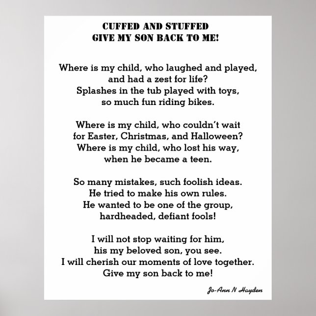 GIVE ME BACK MY SON poem Poster (Front)